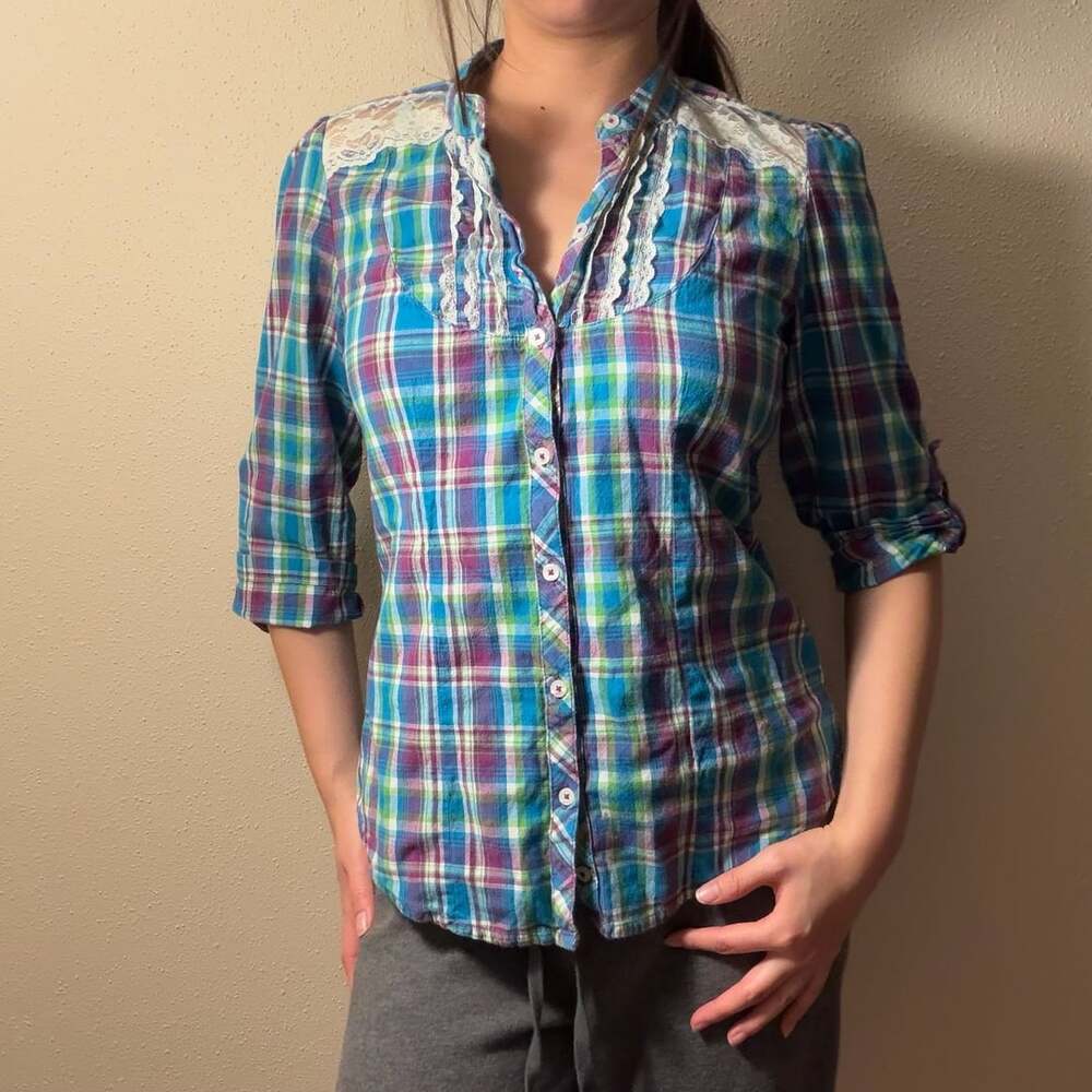 U.S. Polo Assn. Plaid Lace Button Down Shirt Size L Blue Purple